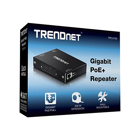 Schwarzer TRENDnet Gigabit PoE+ Repeater auf einer blauen Box, Aufschrift 'Gigabit PoE+ Repeater', '200 M Extension', und 'Wall Mountable'.