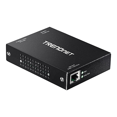 Schwarzer TRENDnet PoE-Adapter. Ein Ethernet-Port, daneben LEDs. Der Schriftzug TRENDnet ist deutlich sichtbar.