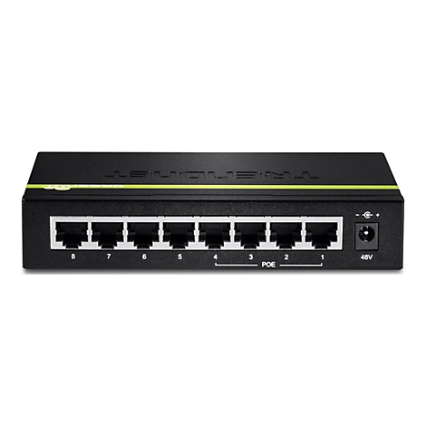 Schwarzer Netzwerk-Switch mit acht LAN-Ports, PoE-Kennzeichnung und einem 48V-Netzteilanschluss.