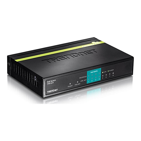 Schwarzer TRENDnet PoE-Switch TPE-S44 in Perspektive vor weißem Hintergrund.