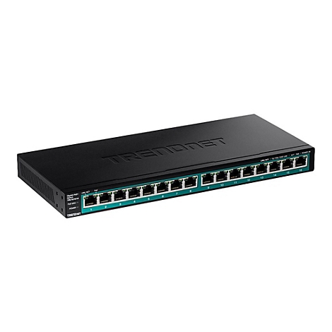 Schwarzer TRENDnet Gigabit PoE+ Switch mit 16 nummerierten Ports vor weißem Hintergrund.