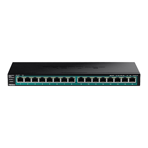 Schwarzer 16-Port Gigabit PoE+ Switch von TRENDnet mit nummerierten Anschlüssen auf weißem Hintergrund.