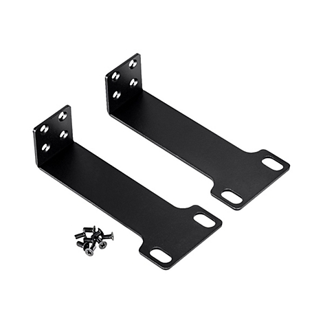 Zwei schwarze Metall-Winkel für die Rack-Montage mit beiliegenden kleinen Schrauben vor weißem Hintergrund.