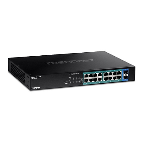 Schwarzer TRENDnet Gigabit PoE+ Switch TPE-TG182 mit mehreren Anschlüssen vor weißem Hintergrund.