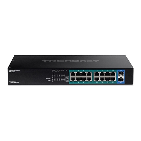 Schwarzer Trendnet Gigabit PoE+ Switch TPE-TG182 mit zahlreichen Netzwerkanschlüssen auf weißem Grund.