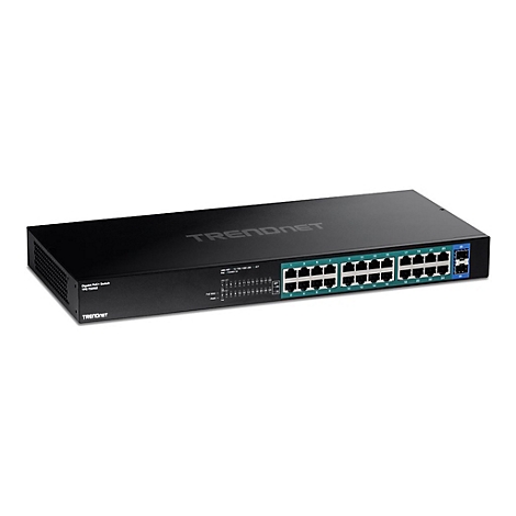 Schwarzer TRENDnet Gigabit PoE+ Switch TPE-TG262 mit 26 Ports vor weißem Hintergrund.