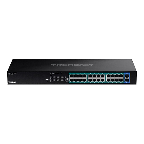 Schwarzer TRENDnet Gigabit PoE+ Switch TPE-TG262 mit 26 Ports vor weißem Hintergrund.
