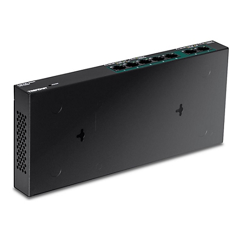 Schwarzer TRENDnet 2.5G PoE+ Switch TPE-TG827 in Draufsicht auf weißem Hintergrund.