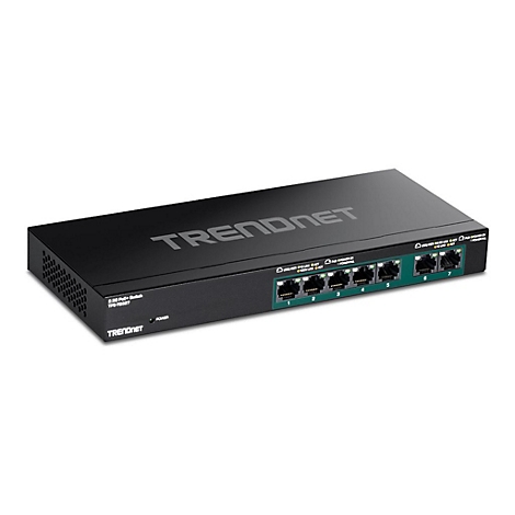 Schwarzer TRENDnet PoE+ Switch TPE-TG327 mit sieben LAN-Ports vor weißem Hintergrund.
