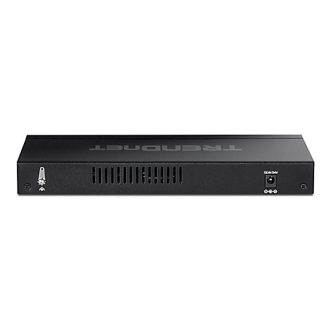 Rückseite eines schwarzen Trendnet Netzwerk-Switch-Gehäuses mit Stromanschluss und Erdungspunkt.