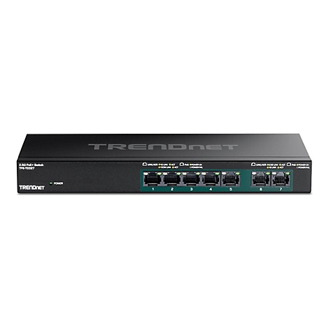 Schwarzer TRENDnet 2.5G PoE+ Switch TPE-TG327 mit sieben Ethernet-Anschlüssen vor weißem Hintergrund.