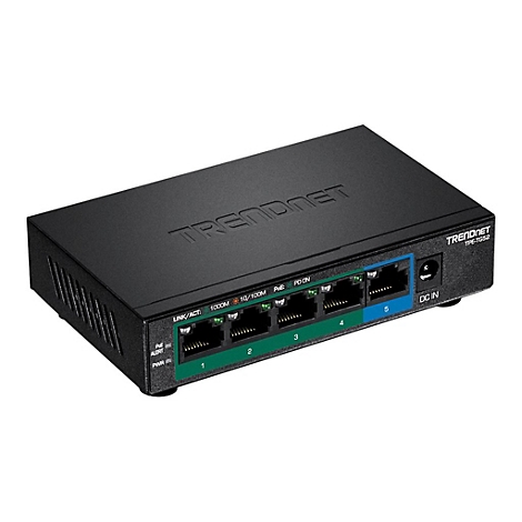 Schwarzer TRENDnet TPE-TG52 Gigabit PoE Switch mit fünf LAN-Anschlüssen vor weißem Hintergrund.