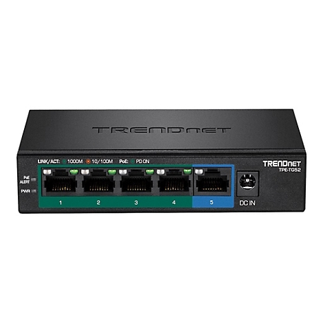 Schwarzer TRENDnet TPE-TG52 Netzwerk-Switch mit fünf Ports vor weißem Hintergrund.