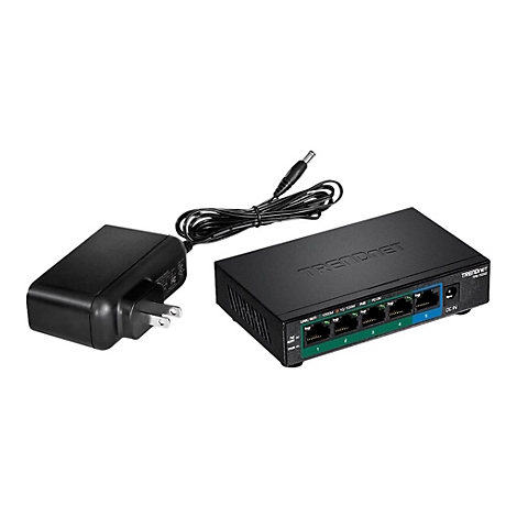 Schwarzer TRENDnet 5-Port Gigabit PoE Switch mit fünf LAN-Anschlüssen, Beschriftungen und zugehörigem Netzteil.