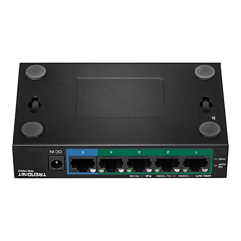 Schwarzer TRENDnet TPE-TG52 Netzwerk-Switch mit fünf Ports, DC-Anschluss und Status-LEDs auf weißem Grund.