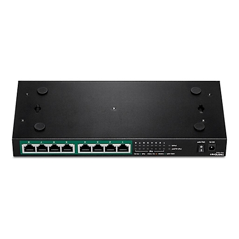 Schwarzer Trendnet Netzwerk-Switch TPE-TG83 mit 8 Ethernet-Ports, Anschlüssen und LED-Statusanzeigen auf weißem Grund.