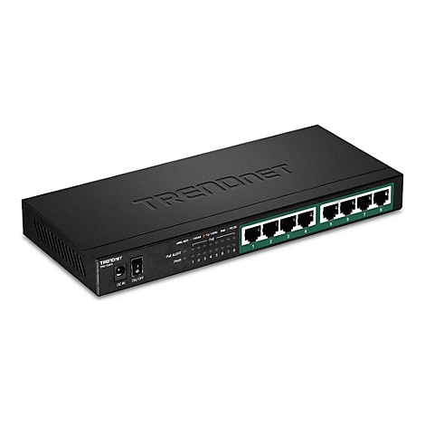 Schwarzer 8-Port PoE-Switch von Trendnet in Gehäuseoptik mit Netzwerkanschlüssen auf der Vorderseite.