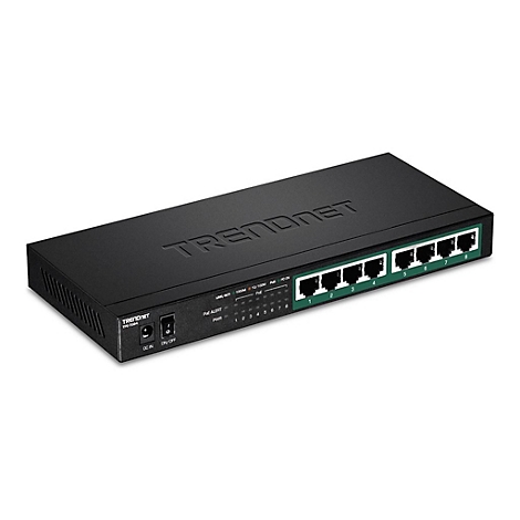 Schwarzer TRENDnet 8-Port Gigabit PoE+ Switch in schräger Draufsicht vor weißem Hintergrund.