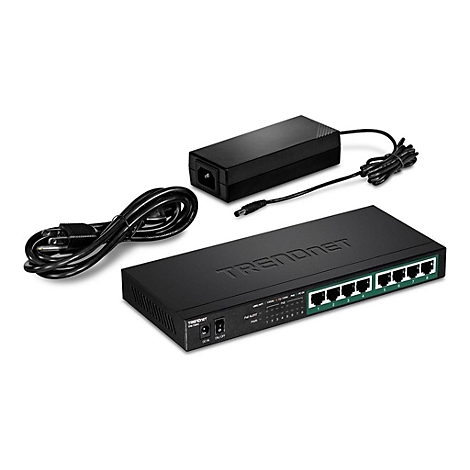 Schwarzer TRENDnet Switch mit 8 Ports, Netzteil und Stromkabel vor weißem Hintergrund.