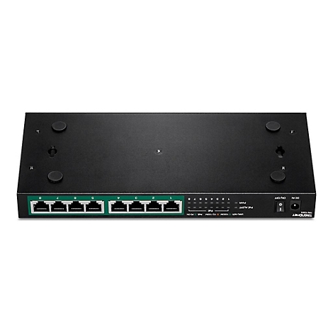 Die Unterseite eines schwarzen Trendnet Netzwerk-Switches mit acht Ethernet-Ports, vier Standfüßen und zwei Wandhalterungen.