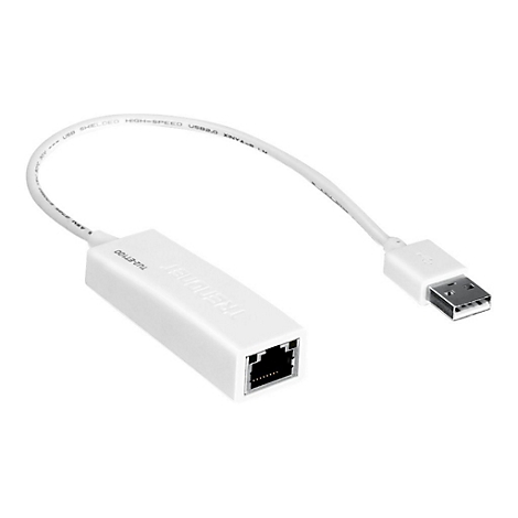 Weißer TRENDnet USB 2.0 zu Ethernet Adapter mit kurzem Kabel und USB-A-Anschluss auf weißem Hintergrund.