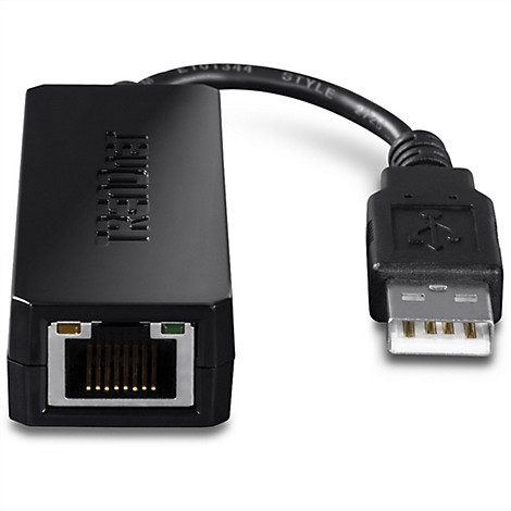 Schwarzer TRENDnet USB-zu-Ethernet-Adapter mit einem RJ45-Anschluss an einem Ende und einem USB-Stecker am anderen.