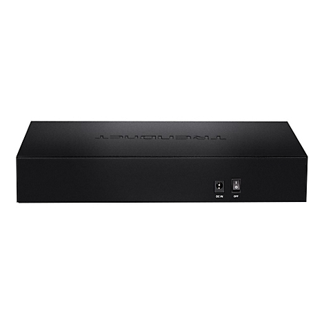 Schwarzer Netzwerkswitch mit Schriftzug REVOLAB. RÃ¼ckseite mit Stromanschluss und Power-Taste.