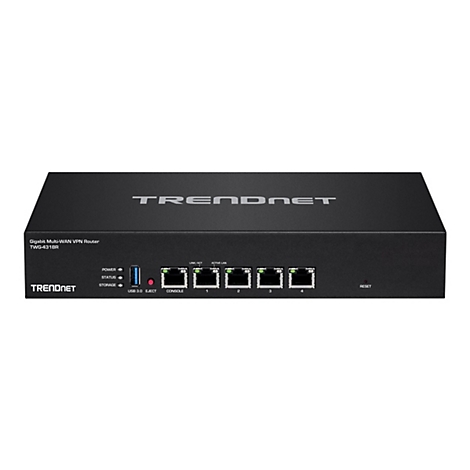 Schwarzer Trendnet Router. Oberseite mit Logo und Modellbezeichnung. Vorderseite mit AnschlÃ¼ssen und LEDs.