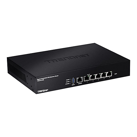 Schwarzer Router mit mehreren AnschlÃ¼ssen und dem TRENDnet Logo. Die Oberseite hat den Markennamen eingraviert.