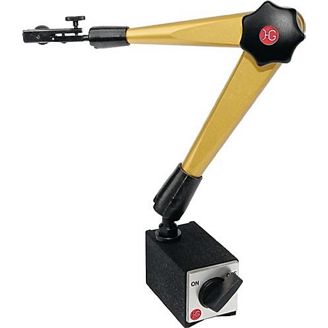 Support magnétique avec bras jaunes, bouton noir et base carrée avec interrupteur.
