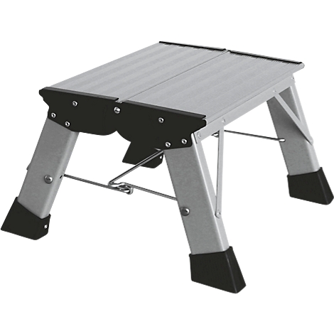 Folding step stool made of aluminum. Silver step surface, black plastic feet.