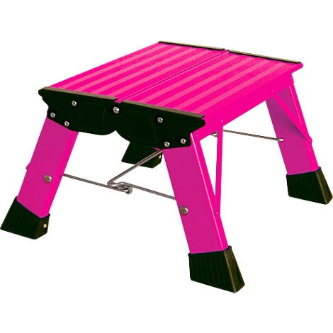 A pink step stool, with black rubber feet and corners. It is foldable and stands isolated on a white background.