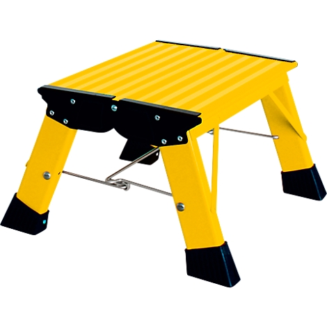 Yellow, foldable step stool. Black corner reinforcements, non-slip rubber feet. Unfolded, ready to use.