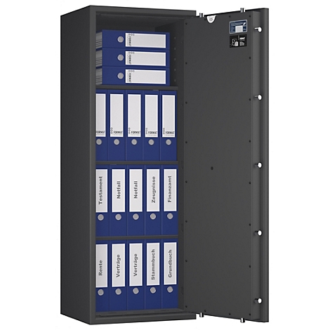 Geöffneter Tresor mit blauen Ordnern. Auf den Ordnern stehen Begriffe wie Testament, Rente und Verträge. Die Innenseite der Tür hat ein kleines Display.