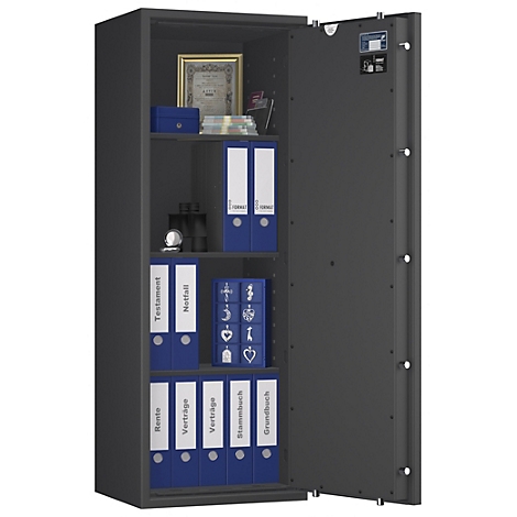 Offener Panzerschrank mit Aktenordnern und Wertgegenständen. Beschriftung: Testament, Notfall, Rente, Verträge, Stammbuch, Grundbuch.