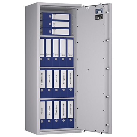 Ein geöffneter Tresor mit blauen Ordnern. Aufschrift auf den Ordnern: Rente, Verträge, Testament usw.