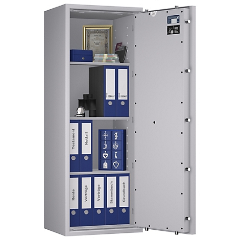 Ein geöffneter Tresor mit Ordnern, einem Rahmen und Schmuck.