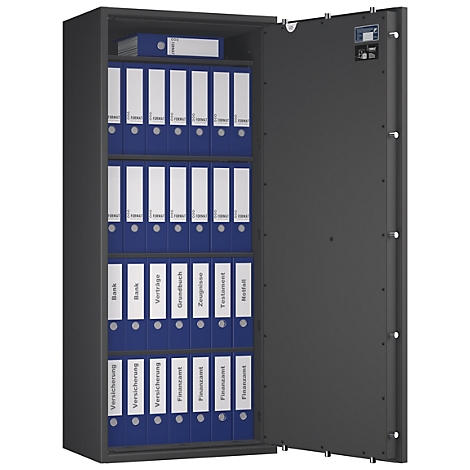 Grauer Tresor, halb geöffnet. Darin blaue Ordner mit weißen Beschriftungen, darunter Versicherungen, Finanzamt, Notfall.