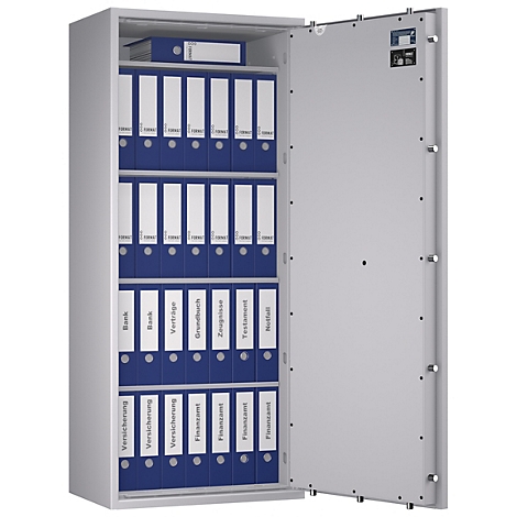 Ein geöffneter Tresor mit blauen Ordnern. Einige Ordner sind mit Etiketten wie 'Versicherung' und 'Finanzamt' beschriftet.