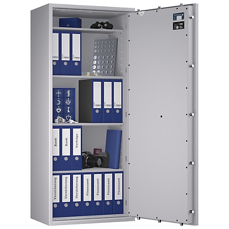 Ein geöffneter Tresor mit Ordnern, Akten und einer Kamera.