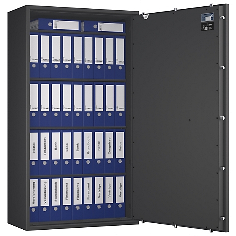 Geöffnete Akten-Tresortür mit blauen Ordnern. Beschriftungen: Versicherung, Finanzamt, Verträge usw.