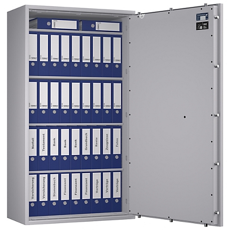 Grauer Stahlschrank, Tür geöffnet, gefüllt mit blauen Ordnern. Aufschrift auf den Ordnern.