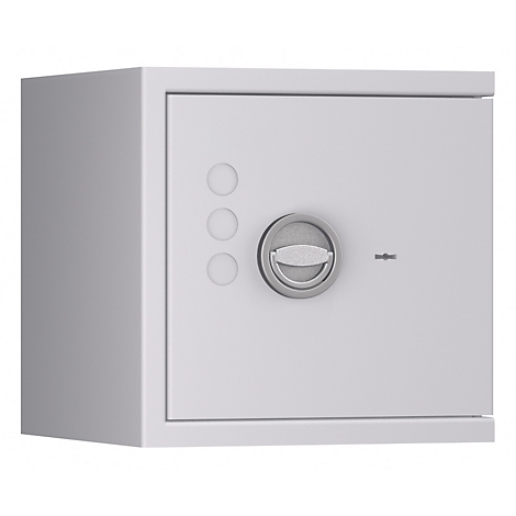 Ein grauer Tresor, vorne mit Drehgriff, Schlüsselloch und drei Knöpfen.