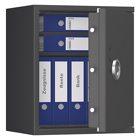 Ein geöffneter, grauer Tresor mit blauen Ordnern. Auf den Ordnern stehen: Zeugnisse, Rente, Bank.