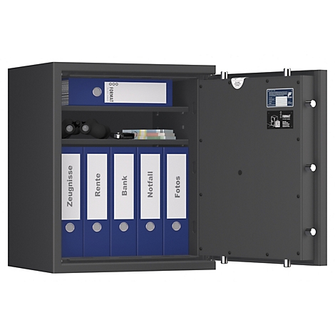 Offener Tresor mit Aktenordnern und Schriftzug. Auf den Ordnern stehen: Zeugnisse, Rente, Bank, Notfall, Fotos.