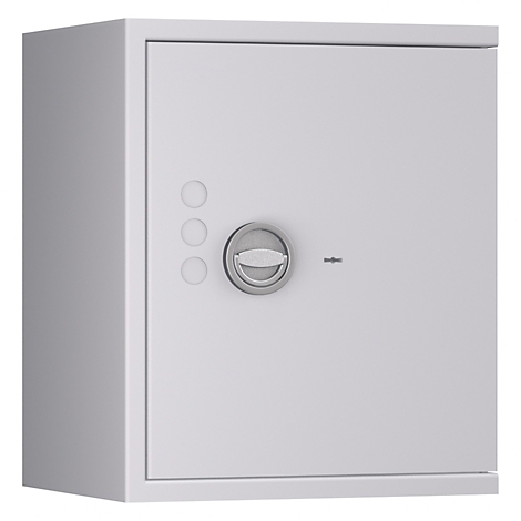 Ein weißer Tresor mit rundem Drehknopf und drei Knöpfen darüber.