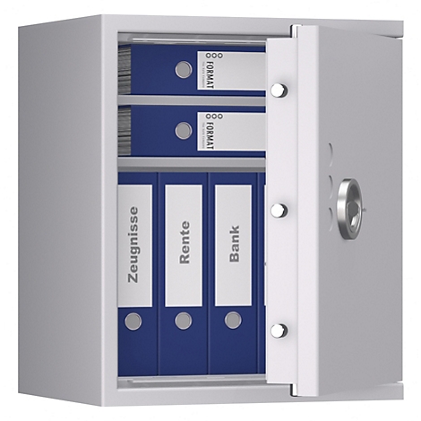 Ein geöffneter, grauer Tresor mit blauen Ordnern. Auf den Ordnern stehen die Begriffe „Zeugnisse“, „Rente“ und „Bank“.