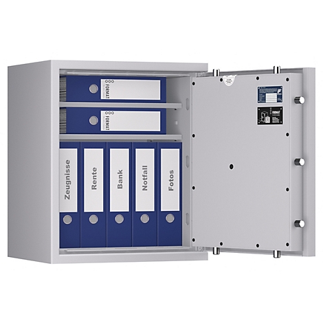 Offener Tresor mit Aktenordnern beschriftet mit "Zeugnisse", "Rente", "Bank", "Notfall", "Fotos".