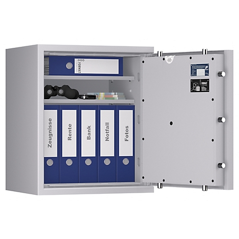 Ein offener, grauer Tresor mit blauen Ordnern und Texten wie Zeugnisse, Rente, Bank, Notfall und Fotos.
