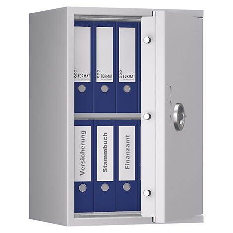 Ein geöffneter, grauer Stahlschrank mit blauen Ordnern. Auf den Ordnern stehen die Begriffe 'Versicherung', 'Stammbuch' und 'Finanzamt'.